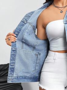 SHEIN Tall Women's Turndown Collar Single-Breasted Pocket Fashionable Versatile Short Sleeve Denim Jacket - Light Wash - View 7