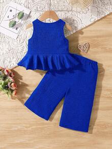 SHEIN Babygirl Summer Cute Solid Color Textured Sleeveless Top And Elastic Waist Loose Pants Set - Blue - View 2