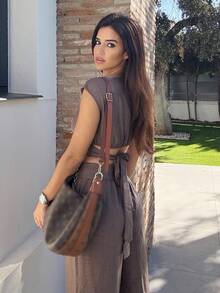 Maca Silvats Set de 2 bucăți pentru femei, vară, casual, culoare solidă, top scurt și pantaloni lungi - cafea maro - Vizualizare 4