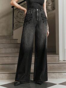 Anewsta Spring New Washed Denim Fashionable Vintage Handmade Beaded Versatile Commuting Wide-Leg Women Jeans - Black - View 4