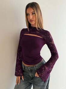 Aloruh Women's Autumn Fashion Contrast Lace Flare Sleeve T-Shirt - Purple - View 6