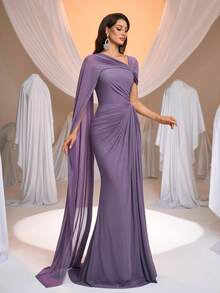 Aureia Elegant & Luxurious Light Purple Elastic Knit Ruched Asymmetrical Neckline Flounce A-Line Bridesmaid Dress - Dusty Purple - View 7