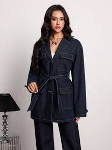 SHEIN Tall 女士秋冬时尚通勤休闲舒适翻领长袖单排扣多口袋休闲腰带牛仔夹克 - 深色水洗藍 - 查看 5