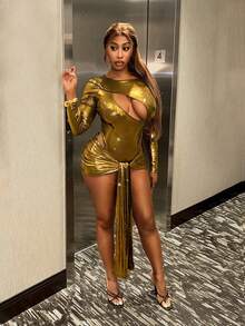 BamGleam Váy ngắn hở gấu bất đối xứng mạ vàng gợi cảm dự tiệc dành cho nữ, mùa thu - Vàng - Xem 3