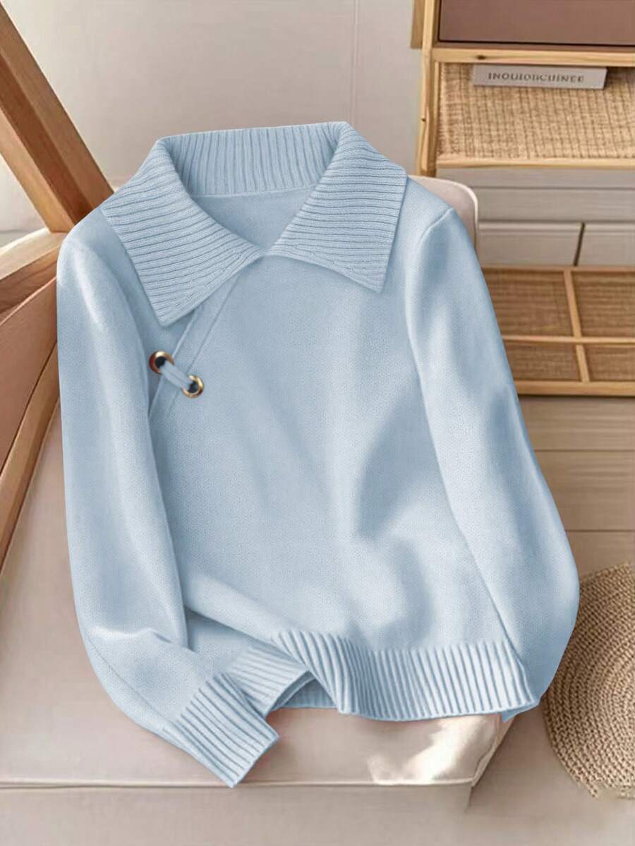 GlowEve 女士翻领斜侧金属环装饰时尚百搭毛衣 - 淺藍色 - 查看 1