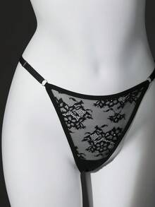 Set de 2 piezas de lencería con sujetador con aros de encaje y contraste de malla y pantis para mujer - Negro - Ver 3