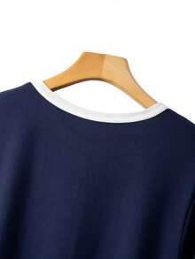SHEIN Clasi Plus Size Color Block Trim Round Neck Button Elegant Fashion Dress Fall - Blue - View 6