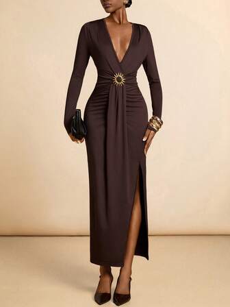 SHEIN Veneréa Women's Deep V-Neck Waist Cinched Slit Dress