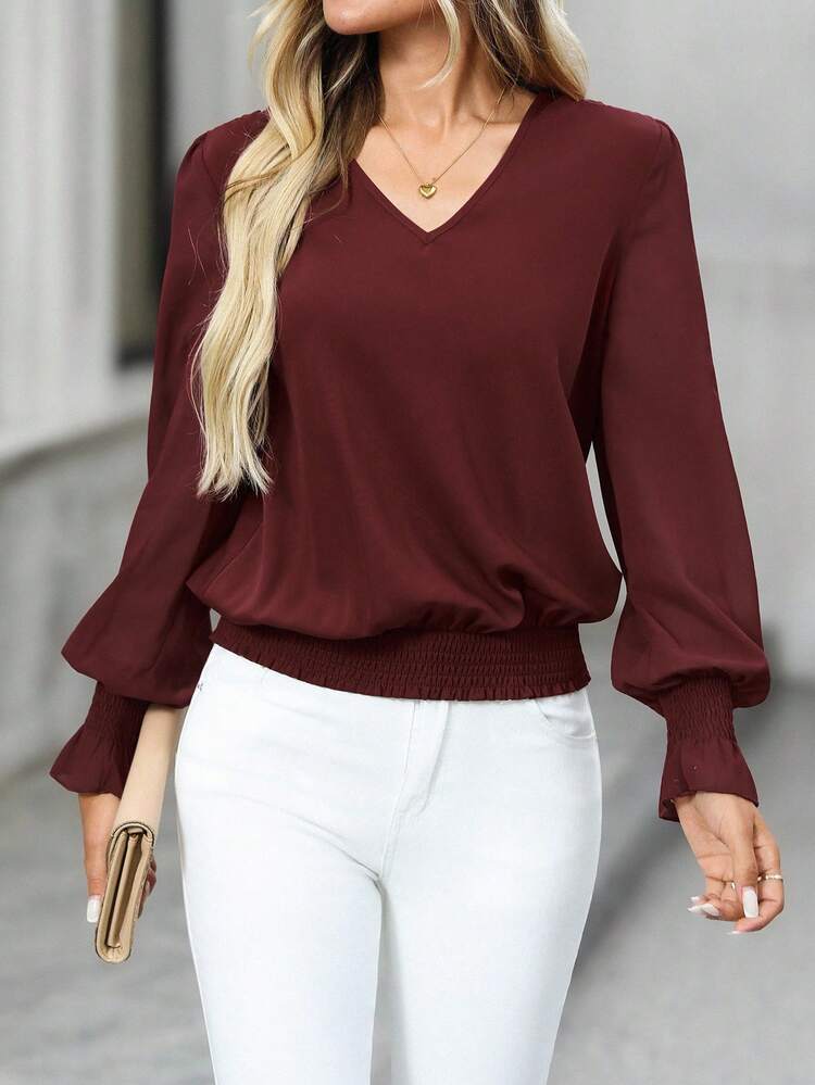 Plus Size Elegant Solid Color Lantern Sleeve Blouse, Suitable For Commuting, Autumn Winter For Women Christmas For Women New Year Elegant Party Blouse Burgundy Blouse Maroon Top Valentine's Day, Mother , Comfortable And Casual Beach Wine Red Top Spring Breaks Holidays For Women Dark Red Top