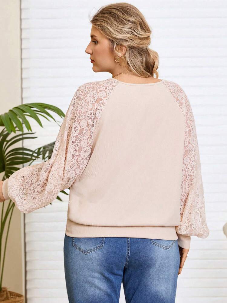 Plus Size Elegant Commuter Solid Color Lace Patchwork T-Shirt, Autumn