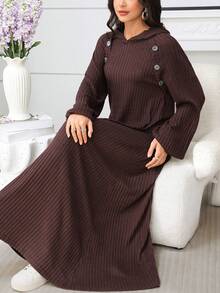 SHEIN Najma Váy dài tay đính nút vải dệt kim viền loe phong cách Ả Rập cho nữ, mùa thu/đông - Cà phê nâu - Xem 1