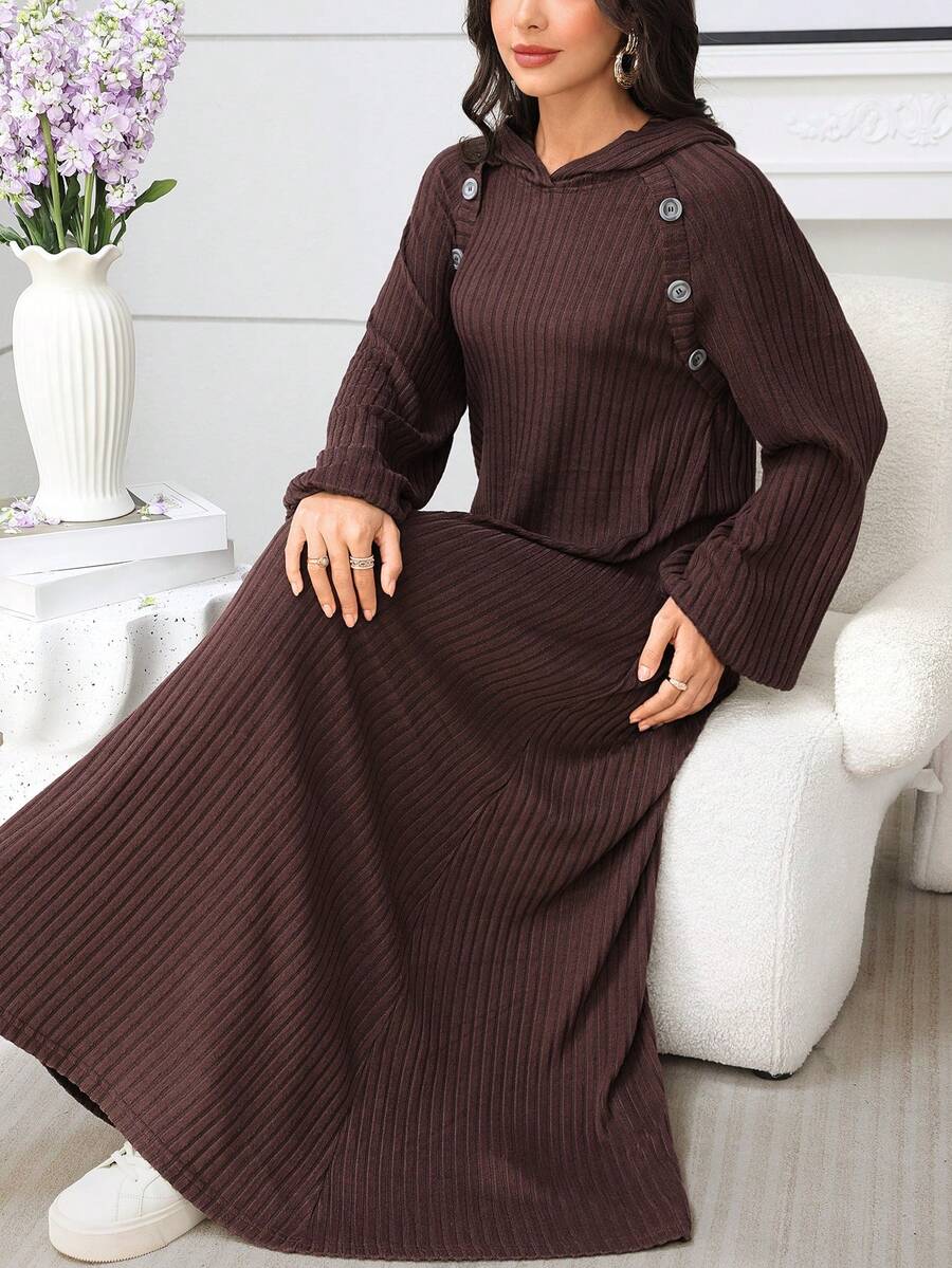 SHEIN Najma Váy dài tay đính nút vải dệt kim viền loe phong cách Ả Rập cho nữ, mùa thu/đông - Cà phê nâu - Xem 1