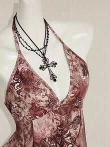 SHEIN ICON Áo hai dây hở lưng in họa tiết cổ điển - màu nâu - Xem 7