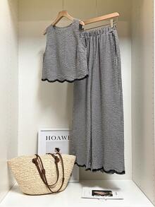 SHEIN Frenchy Women's Plaid Print Round Neck Tank Top And Elastic Waist Pants 2 Pieces Set,Lace Trim Suit, Contrasting Trim Design Suit,Black And White Checkered Suit,Non-Stretch Crepe Fabric,Casual Trouser Suit,Summer Outfits For Women,Summer Clothes,Women's Summer Set ,Elegant And Intellectual Dressing,Pring Outfit Women,Casual, Minimalist, Commute ,Retro French Stylebeach Set,Summer Holiday Outfits,Vacation Outfits For Women Resort - Black and White - View 4