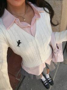 MainGRL Áo khoác cardigan mỏng dài tay thêu nút phía trước cổ chữ V cho nữ màu trắng - trắng - Xem 4