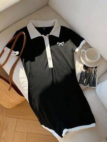 Attitoon Mono de cuello polo con gráfico de mariposa de estilo retro casual y contraste de colores, versátil para otoño/invierno - Negro - Ver 4