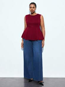 Maija Blusa senza maniche con vita stretta, colore tinta unita, elegante, adatta per l'ufficio, il tempo libero, il Natale e i festa di Capodanno, colore rosso - Bordò - Visualizzare 6