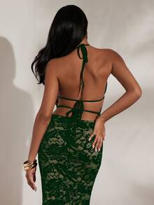 Opulessa Váy hở vai cổ chữ V sâu phối ren dệt kim màu trơn cho kỳ nghỉ dành cho nữ - màu xanh lá - Xem 3