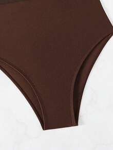 SHEIN Swim 女士纯色拼接网纱性感挂脖连体泳衣 - 咖啡棕 - 查看 6
