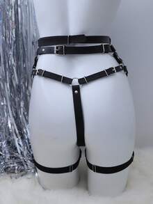 两件套女士性感皮革装饰内衣套装 - 黑色 - 查看 2