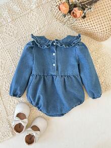 SHEIN 1pc Baby Girls Peter Pan Collar Long Sleeve Lantern Sleeve Denim Bodysuit,Vintage Washed Blue Cute Holiday Autumn Bodysuit With Snap Crotch For Daily - Light Wash - View 2