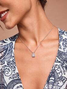 JIAN  LASALA 4pcs/Set Cuboid Shiny Zirconia Inlaid Stud Earrings & Pendant Necklace & Ring Elegant Luxury Style Delicate Female Gift - Silver - View 4