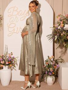 Loomaby Pregnant Women's V-Neck Metal Texture Split Sleeve Elegant Dress Dress Gender Reveal Dress Maternity Dress Baby Shower Dress Maternity Gown Pregnancy Photoshoot Dress Babyshower Dress Maternity Pregnant Dress Baby Shower Guest Outfit - Gold - View 4