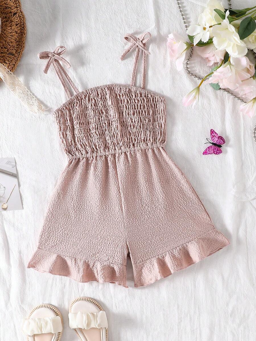 Genkimix Kids 女童连体衣，优雅休闲度假风，吊带修身蓝色编织连体衣，春夏款，适合户外度假 - 粉色 - 查看 1