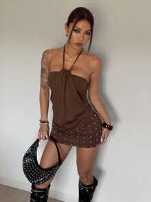 StreetHx Women's Brown Beaded Embellished Dress - Coffee - View 3