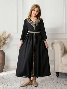 Tween Girls Elegant Party Gold Foil Print Ribbon Dress - Black - View 4