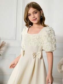 Tween Girls Elegant Party Solid Color 3D Floral Decor Dress - Apricot - View 8