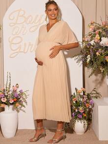 Loomaby 孕妇纯色V领蝙蝠袖短袖褶裥下摆优雅连衣裙 - 卡其色 - 查看 4