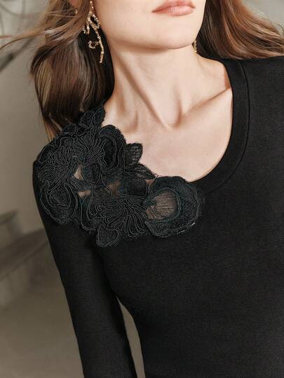 Anewsta Elegant svart långärmad t-shirt med 3D-blommönster på krage och manschetter, mångsidig och smalnande, höst/vinter