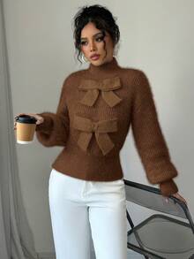 Elenzga Áo len dài tay cổ đứng màu trơn trang trí nơ cho nữ - màu nâu - Xem 3