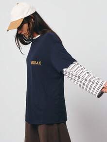 SURIMA 女士宽松休闲极简图案圆领短袖T恤 - 藏蓝色 - 查看 4