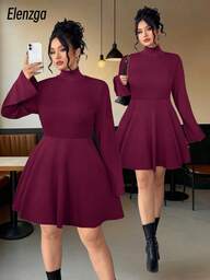 Elenzga Plus Size Women's Autumn/Winter New High Neck Elastic Knit Fitted Elegant Solid Color Dress