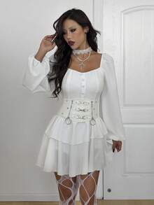 Coolane Women's Spring/Summer Concert Outfit Rave Outfit Festival Going Out Rave Outfit Renaissance Fair Goth Y2K Long Sleeve Ruched Dress - White - View 5