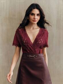 Anewsta 純色蕾絲拼接深V領透視性感連身內衣 - 酒紅色 - 查看 6