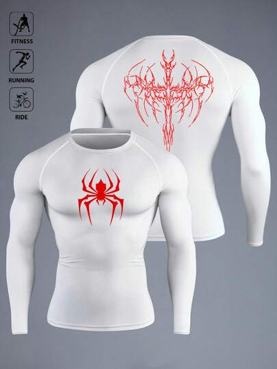 Manfinity Sport Polished Tricou sport bărbătesc cu mânecă lungă, croială slim, cu imprimeu de păianjen