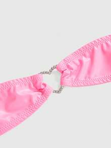 ROMWE Dark Gothic Pink PU Bandeau Heart Metal Buckle Thong Sexy Lingerie Set - Pink - View 3