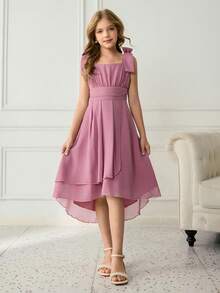 少女无袖可拆卸蝴蝶结腰带多层荷叶边下摆派对连衣裙，优雅大方，适合圣诞节、聚会等场合。 - 粉色 - 查看 3