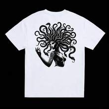 Playera estilo urbano europeo Medusa cabello de serpiente diseño artístico estampado algodón suave cómoda holgada manga corta primavera-verano casual callejera playera - Blanco - Ver 1