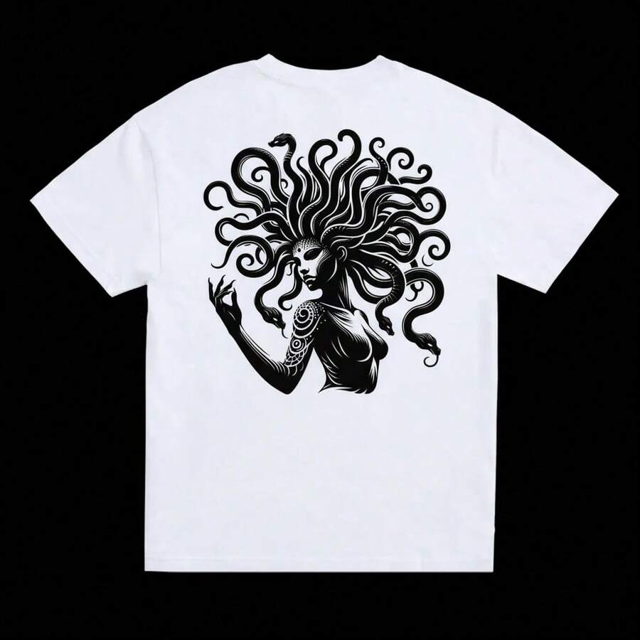 Playera estilo urbano europeo Medusa cabello de serpiente diseño artístico estampado algodón suave cómoda holgada manga corta primavera-verano casual callejera playera - Blanco - Ver 1