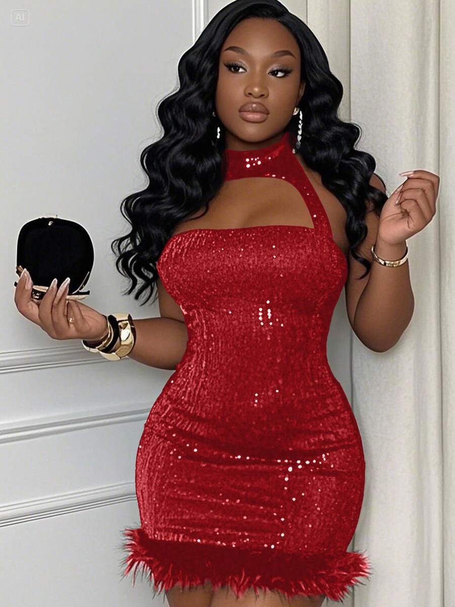 Veslaya 2025秋冬新款优雅复古浪漫休闲经典复古风女装商务正装，性感纯色酒红色PU半袖腰部金属扣A字连衣裙，大码 - 紅色 - 查看 1