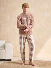 EverLounge Men's Comfortable Fleece Embroidered Pajama Set, Autumn/Winter - Multicolor - View 5