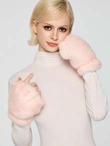 ROMWE Grunge Punk 1双粉色小鹿毛绒手套，可爱秋冬保暖舒适猫爪形指套，高品质加厚天鹅绒仿毛皮指套 - 粉色 - 查看 3