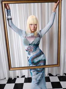 Y2Kool BiGraphic Blue, Chinese Elements, Oriental Elements, Ink Painting, Dragon, Clouds, Sky, Mesh, Sheer, Sexy, Y2K, Streetwear, Casual, Baddie, Women's Dress With Long Sleeves, Suitable For Summer, Autumn, Winter,Parties, Gatherings, Vacations, Daily Wear - Blue - View 6