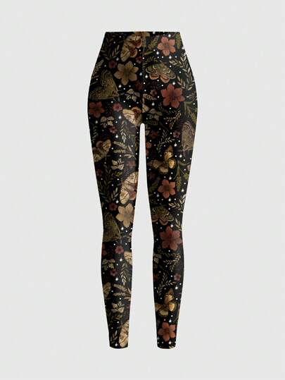 ROMWE Fairycore Leggings ajustados y sexys con estampado de hojas de arce de otoño para mujeres