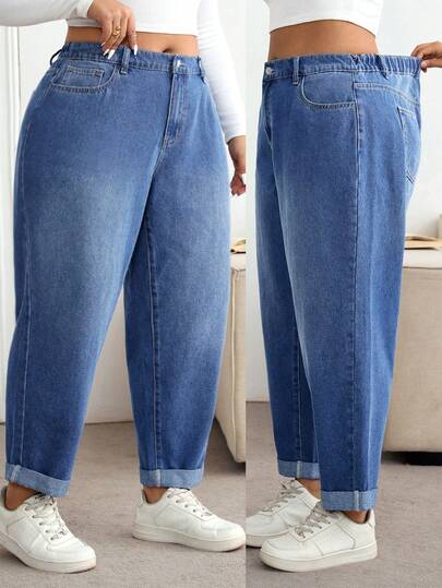Lounesse Jeans casuales holgados con bolsillos para mujer de talla grande, Jeans de talla grande, Jeans entallados de curvas, Jeans de talla grande con dobladillo, Pantalones vaqueros elásticos de talla grande, Jeans casuales de talla grande, Jeans de mamá de talla grande, Jeans de ajuste relajado de curvas