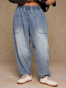 Freevana Plus Size Women Casual Loose Pocket Elastic Waist Jeans,Plus Size Tapered Denim Pants,Loose Fit Tapered Jeans,Heavy Wash Denim Pants,Large Pocket Denim Pants,Vintage Wash Denim Pants,All-Season Casual Tapered Pants,Home Casual Denim Pants,Everyday Versatile Denim Pants,Old Money Style Tapered Jeans,Outdoor Casual Denim Pants,Comfortable Loose Denim Pants,Work-Friendly Denim Pants,Four Seasons Denim Pants,Loose Fit Lantern Jeans,Mom Style Jeans,Valentine's Day - Black - View 4